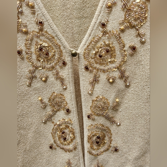 Ann Taylor Button Front Tan Silk Rayon Blend Embellished Cardigan- Women's Med - Picture 3 of 7